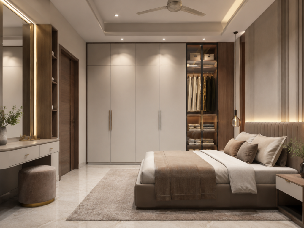 Bedroom colour design with neutral shades and wood tones